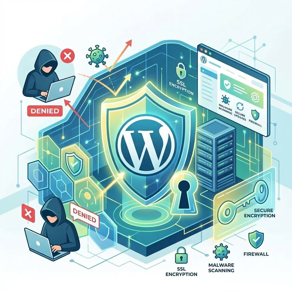 WordPress cybersecurity shield and hackers
