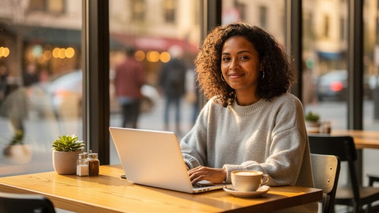 Woman working on laptop at cafe