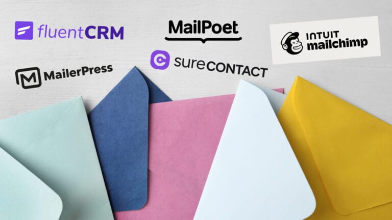 Email marketing software logos above envelopes