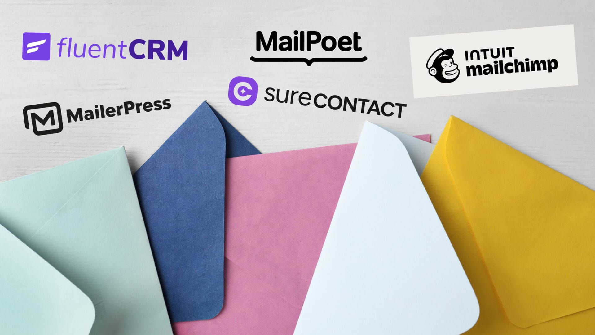 Email marketing software logos above envelopes