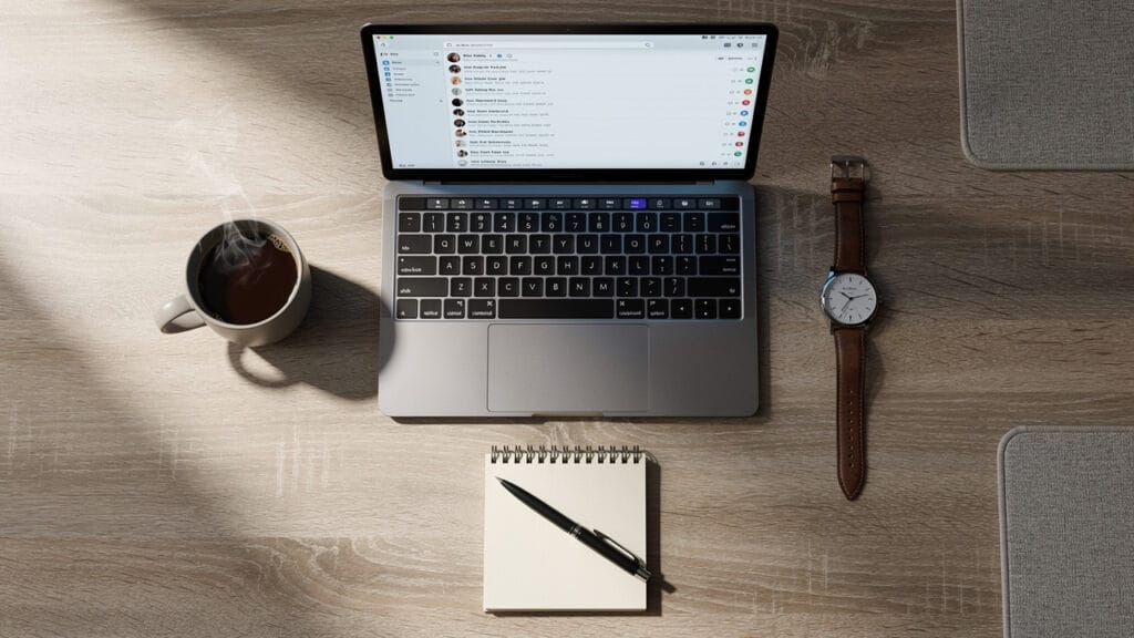 Laptop, coffee, notebook, watch